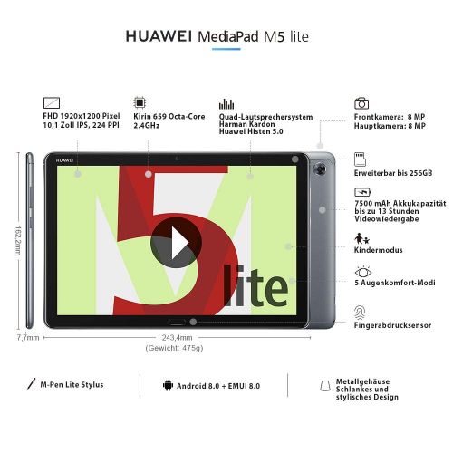 화웨이 [아마존 핫딜]  [아마존핫딜]Huawei MediaPad M5 lite WiFi Tablet-PC 25,6 cm (10,1 Zoll), Full HD, Kirin 659, 3 GB RAM, 32 GB interner Speicher, Android 8.0, EMUI 8.0, grau