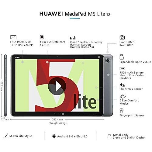 화웨이 Huawei MediaPad M5 lite - 10.1 inch - WiFi Only - 3GB+32GB Quad Harman Kardon-Tuned Speakers- Space Gray