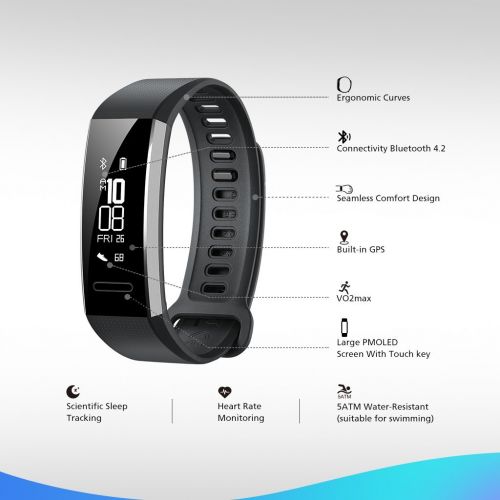 화웨이 Huawei Band 2 Pro All-in-One Activity Tracker Smart Fitness Wristband | GPS | Multi-Sport Mode| Heart Rate | Sleep Monitor | 5ATM Waterproof, Black (US Warranty)