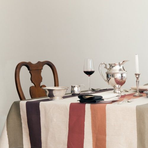  Huddleson Cinta Striped Pure Linen Tablecloth, Multicolor, 120 Round