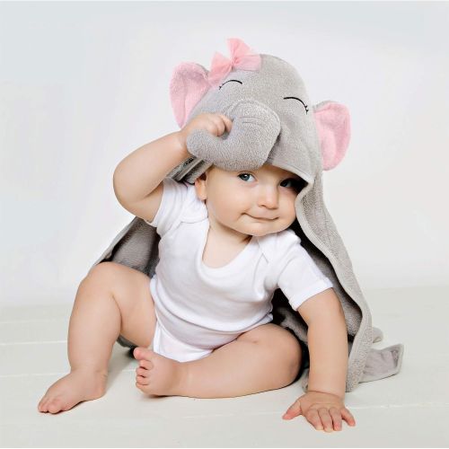  Hudson Baby Unisex Baby Cotton Animal Face Hooded Towel, Pretty Elephant, One Size