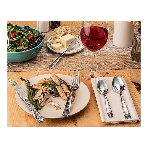  Hudson Essentials 68-Piece Hammered 18/10 Stainless Steel Silverware Cutlery Set with Serving Set, Flatware Service for 12