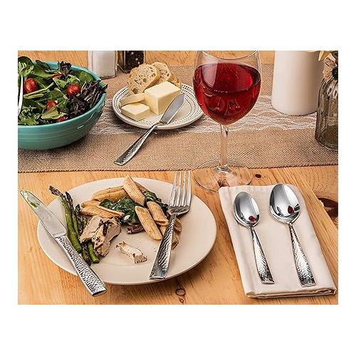  Hudson Essentials 60-Piece Hammered 18/10 Stainless Steel Silverware Cutlery Set, Flatware Service for 12