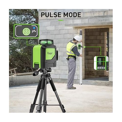  Huepar 902CG Self-Leveling 360-Degree Cross Line Laser Level with Pulse Mode, Switchable Horizontal and Vertical Green Beam Laser Tool, Magnetic Pivoting Base Included