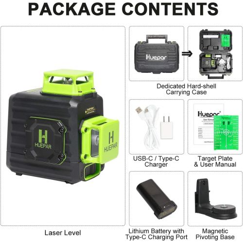  Huepar 2 x 360 Cross Line Self-leveling Laser Level, 360° Green Beam Dual Plane Leveling and Alignment Laser Tool, Li-ion Battery with Type-C Charging Port & Hard Carry Case Includ