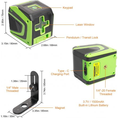  [아마존베스트]Huepar Self-leveling Laser Level with Rechargeable Li-ion Battery- Green Beam Cross Line Laser Level with Pulse Mode for Ceiling/Floor/Wall Application, Magnetic Metal Base Include