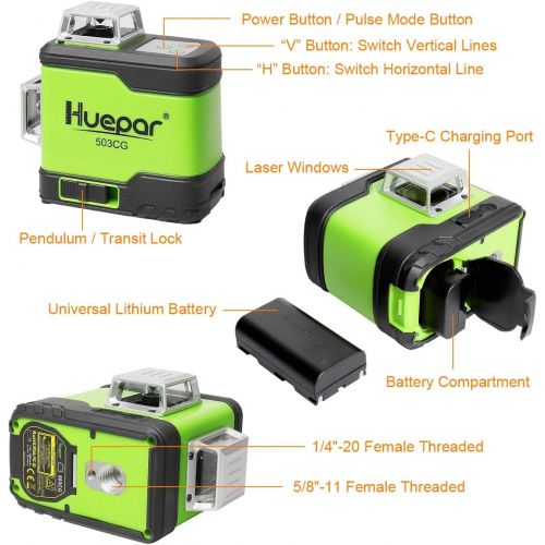  Huepar 3D Cross Line Self-Leveling Laser Level 3 x 360 Green Beam Three-Plane Leveling and Alignment Laser Tool-Switchable Vertical & Horizontal Lines, Li-ion Battery&Portable Tool