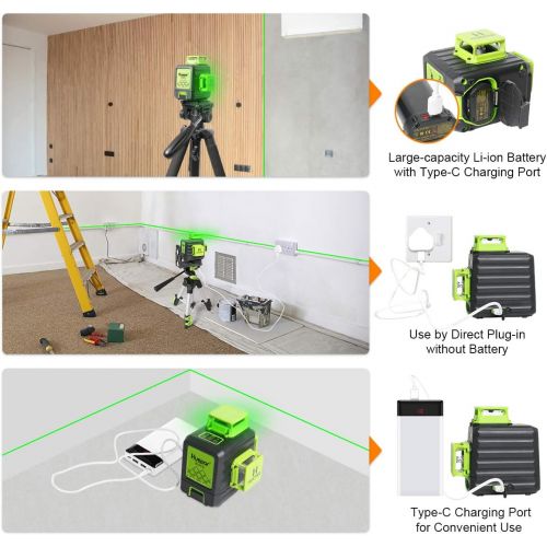  Huepar 3D Cross Line Self-leveling Laser Level 3 x 360 Green Beam Three-Plane Leveling and Alignment Laser Tool, Li-ion Battery with Type-C Charging Port & Hard Carry Case Included