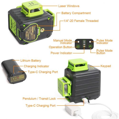  Huepar 3D Cross Line Self-leveling Laser Level 3 x 360 Green Beam Three-Plane Leveling and Alignment Laser Tool, Li-ion Battery with Type-C Charging Port & Hard Carry Case Included