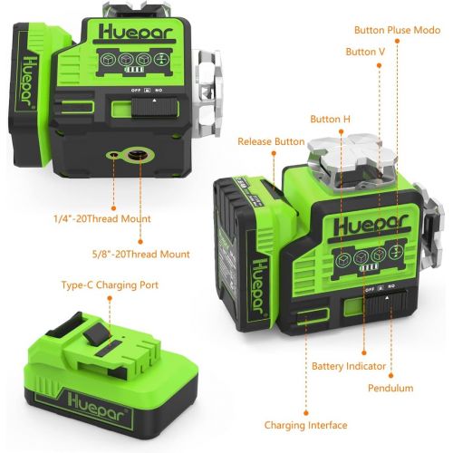  Huepar Laser Level Self Leveling 2x360°outdoor Bluetooth Green Beam Cross Line for Construction and Picture with Pulse Mode, 360° Horizontal and Vertical Line- Li-ion battery & Mag
