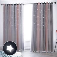 [아마존 핫딜] Hughapy Star Curtains Stars Blackout Curtains for Kids Girls Bedroom Living Room Colorful Double Layer Star Cut Out Stripe Window Curtains, 1 Panel -(52W x 95L, Pink/Grey)