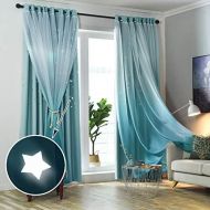 [아마존베스트]Hughapy Gradient Tulle Overlay Hollow-Out Stars Curtain Star Cut Out Blackout Curtains for Bedroom Double Layer Blackout Window Drape for Kids Room Bedroom (1 Panel, 52 x 63 inch,