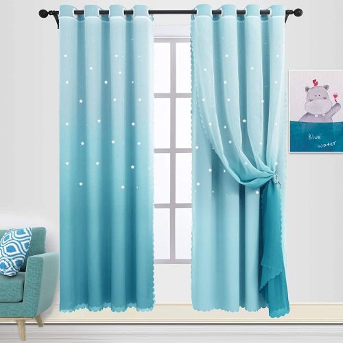  [아마존베스트]Hughapy Star Curtains Ombre Curtain for Kids Girls Bedroom - Tulle Overlay Star Cut Out Curtains Mix and Match Curtains for Living Room, Room Darkening Window Curtains, 1 Panel - (