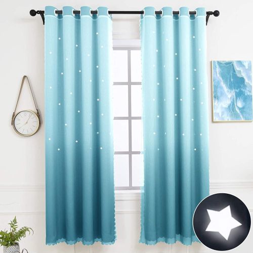  [아마존베스트]Hughapy Star Curtains Ombre Curtain for Kids Girls Bedroom - Tulle Overlay Star Cut Out Curtains Mix and Match Curtains for Living Room, Room Darkening Window Curtains, 1 Panel - (