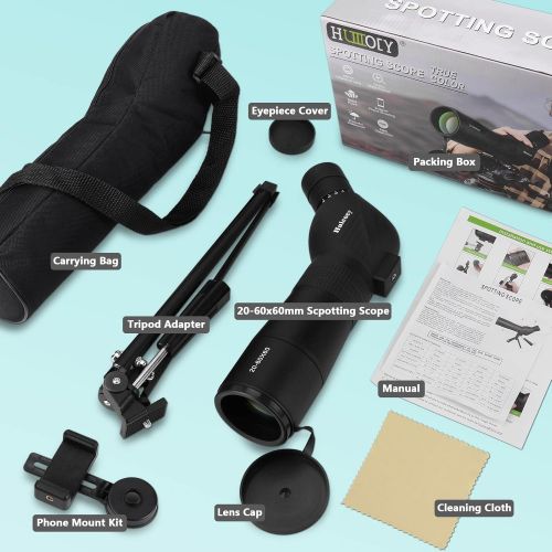  Spotting Scope, Huicocy 20-60x60mm Zoom 39-19m/1000m with FMC Lens, BAK4 45 Degree Angled Eyepiece, Fogproof Spotting Scope with Tripod, Phone Adapter, Carry Bag for Target Shootin