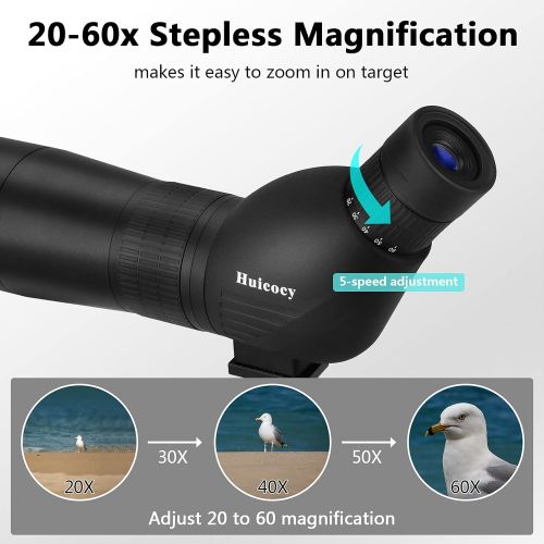  Spotting Scope, Huicocy 20-60x60mm Zoom 39-19m/1000m with FMC Lens, BAK4 45 Degree Angled Eyepiece, Fogproof Spotting Scope with Tripod, Phone Adapter, Carry Bag for Target Shootin