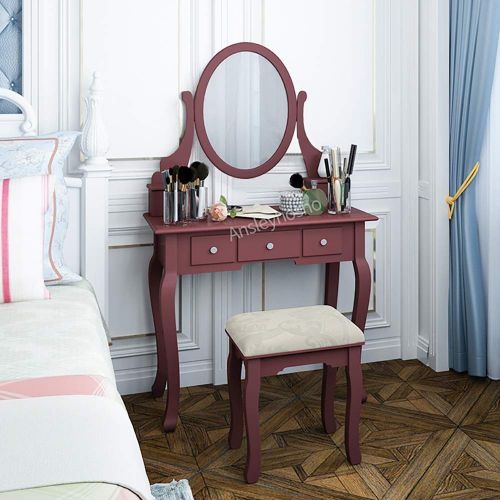  Huisenus huisenus Simple Modern Vanity Set with Mirror & Cushioned Stool Dressing Table Vanity Makeup Table Desk with Drawers Movable Organizers (Cherry: 5 Drawer & 1 Mirror)