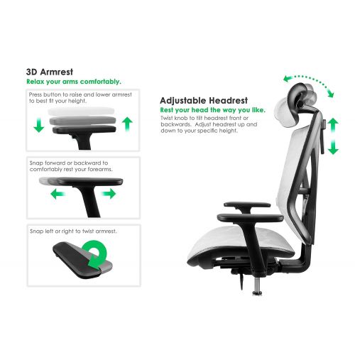  9to5 by Humano - Executive Ergonomic Office Chair with Headrest for Long Work Days | Adjustable 3D Armrest, Lumbar Support, Seat-Depth, and Headrest (Gray Mesh)