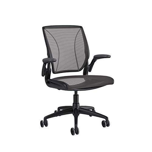  Humanscale Diffrient World Office Task Desk Chair - Adjustable Duron Arms - Black Frame Black Pinstripe Back and Seat Mesh W11BN10N10 - Carpet Casters