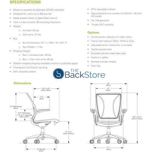  Humanscale Diffrient World Office Task Desk Chair - Adjustable Duron Arms - Black Frame Black Pinstripe Back and Seat Mesh W11BN10N10 - Carpet Casters