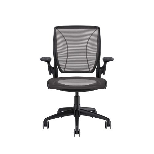  Humanscale Diffrient World Office Task Desk Chair - Adjustable Duron Arms - Black Frame Black Pinstripe Back and Seat Mesh W11BN10N10 - Carpet Casters