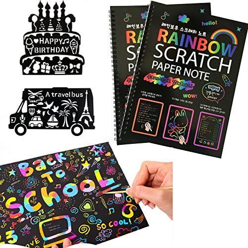  [아마존베스트]Humars Scratch Art Activity Books for Kids! 20 BIG 10 x 7.25 Sheet Rainbow Scratch Paper Set with Stylus Scratchers & Stencils - DIY Painting Doodle Book Set Makes Art Fun!