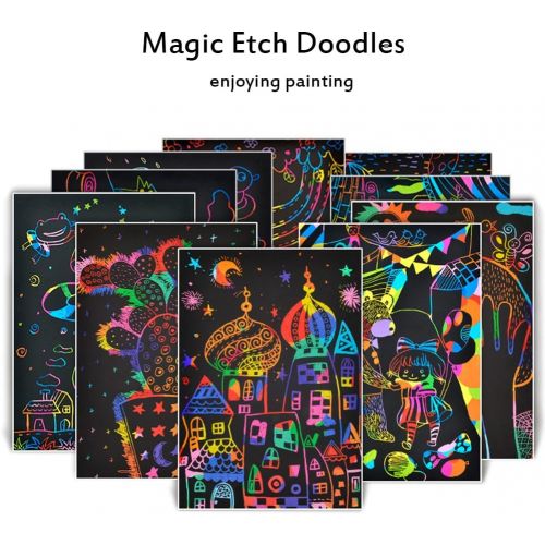  [아마존베스트]Humars Scratch Art Activity Books for Kids! 20 BIG 10 x 7.25 Sheet Rainbow Scratch Paper Set with Stylus Scratchers & Stencils - DIY Painting Doodle Book Set Makes Art Fun!