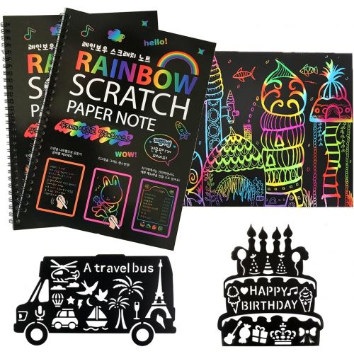  [아마존베스트]Humars Scratch Art Activity Books for Kids! 20 BIG 10 x 7.25 Sheet Rainbow Scratch Paper Set with Stylus Scratchers & Stencils - DIY Painting Doodle Book Set Makes Art Fun!