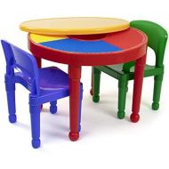 [아마존베스트]Tot Tutors Kids 2-in-1 Plastic Building Blocks-Compatible Activity Table and 2 Chairs Set, Round, Primary Colors