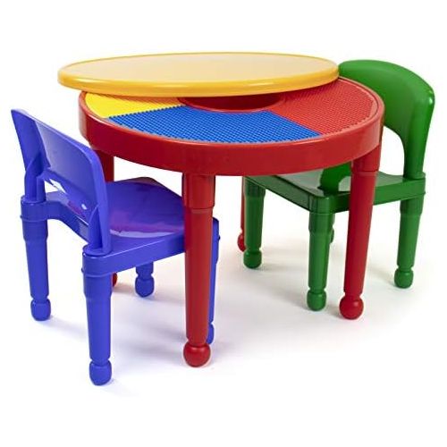 튜터 [아마존베스트]Tot Tutors Kids 2-in-1 Plastic Building Blocks-Compatible Activity Table and 2 Chairs Set, Round, Primary Colors