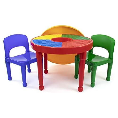 튜터 [아마존베스트]Tot Tutors Kids 2-in-1 Plastic Building Blocks-Compatible Activity Table and 2 Chairs Set, Round, Primary Colors