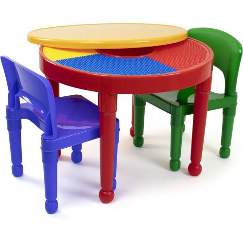 튜터 [아마존베스트]Tot Tutors Kids 2-in-1 Plastic Building Blocks-Compatible Activity Table and 2 Chairs Set, Round, Primary Colors