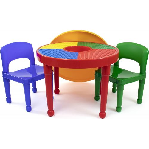 튜터 [아마존베스트]Tot Tutors Kids 2-in-1 Plastic Building Blocks-Compatible Activity Table and 2 Chairs Set, Round, Primary Colors