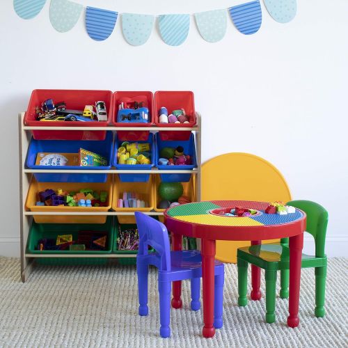 튜터 [아마존베스트]Tot Tutors Kids 2-in-1 Plastic Building Blocks-Compatible Activity Table and 2 Chairs Set, Round, Primary Colors