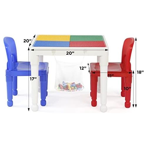 튜터 Tot Tutors Kids 2-in-1 Plastic Building Blocks-Compatible Activity Table and 2 Chairs Set, Square, Primary Colors