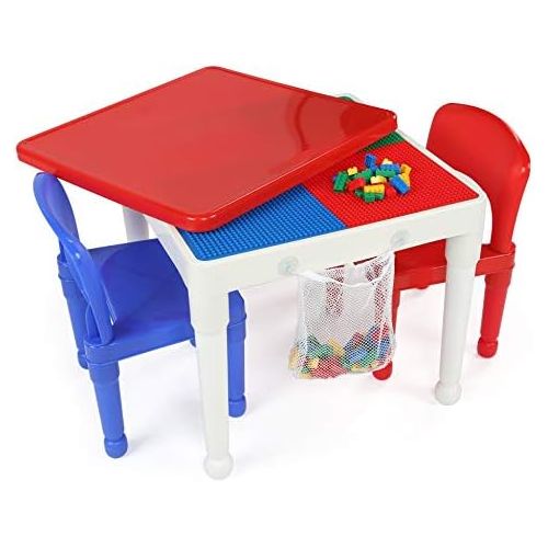 튜터 Tot Tutors Kids 2-in-1 Plastic Building Blocks-Compatible Activity Table and 2 Chairs Set, Square, Primary Colors