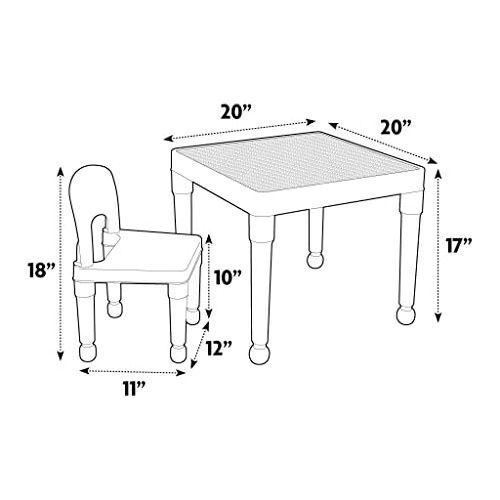 튜터 Tot Tutors Kids 2-in-1 Plastic Building Blocks-Compatible Activity Table and 2 Chairs Set, Square, Primary Colors