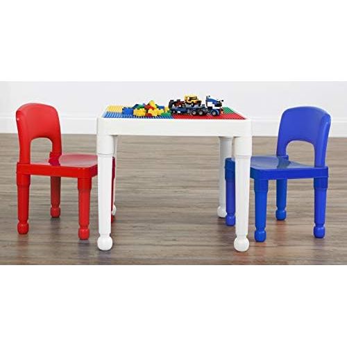 튜터 Tot Tutors Kids 2-in-1 Plastic Building Blocks-Compatible Activity Table and 2 Chairs Set, Square, Primary Colors