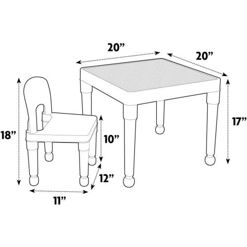 튜터 Tot Tutors Kids 2-in-1 Plastic Building Blocks-Compatible Activity Table and 2 Chairs Set, Square, Primary Colors