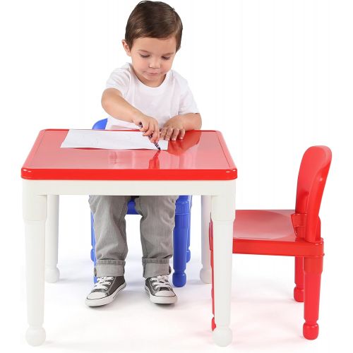 튜터 Tot Tutors Kids 2-in-1 Plastic Building Blocks-Compatible Activity Table and 2 Chairs Set, Square, Primary Colors