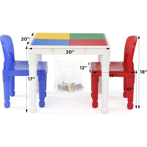 튜터 Tot Tutors Kids 2-in-1 Plastic Building Blocks-Compatible Activity Table and 2 Chairs Set, Square, Primary Colors