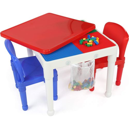 튜터 Tot Tutors Kids 2-in-1 Plastic Building Blocks-Compatible Activity Table and 2 Chairs Set, Square, Primary Colors