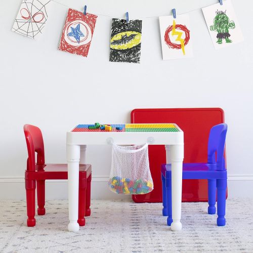 튜터 Tot Tutors Kids 2-in-1 Plastic Building Blocks-Compatible Activity Table and 2 Chairs Set, Square, Primary Colors