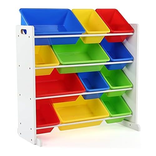 튜터 Tot Tutors Kids Toy Storage Organizer with 12 Plastic Bins, White/Primary (Summit Collection)