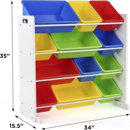 튜터 Tot Tutors Kids Toy Storage Organizer with 12 Plastic Bins, White/Primary (Summit Collection)