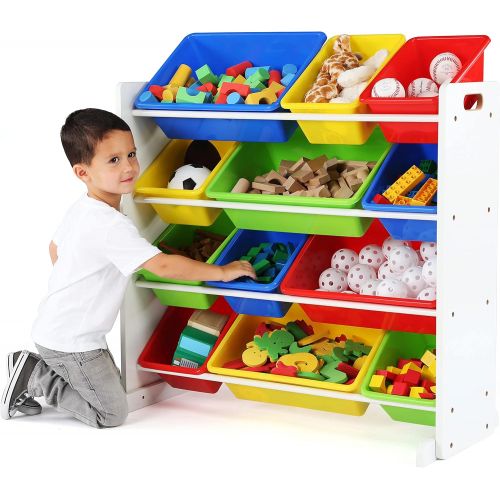 튜터 Tot Tutors Kids Toy Storage Organizer with 12 Plastic Bins, White/Primary (Summit Collection)