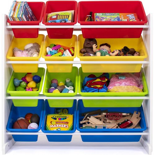 튜터 Tot Tutors Kids Toy Storage Organizer with 12 Plastic Bins, White/Primary (Summit Collection)