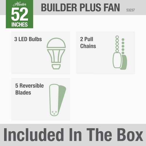  [아마존베스트]HUNTER 53237 Builder Plus Indoor Ceiling Fan with LED Lights and Pull Chain Control, 52, Brushed Nickel