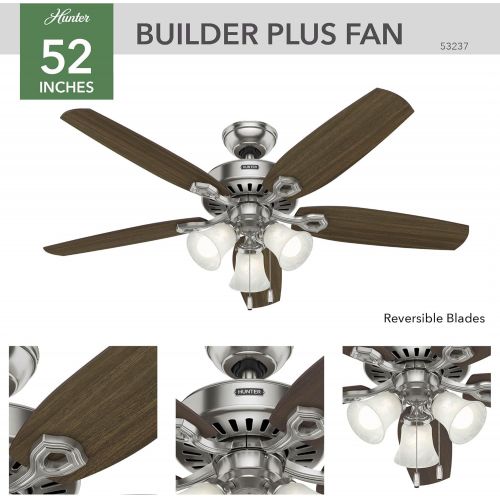  [아마존베스트]HUNTER 53237 Builder Plus Indoor Ceiling Fan with LED Lights and Pull Chain Control, 52, Brushed Nickel