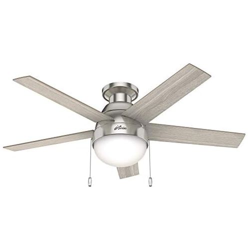  Hunter Fan Company 50278 Hunter Anslee Indoor Low Profile Ceiling Fan with LED Light and Pull Chain Control, 46, Brushed Nickel Finish